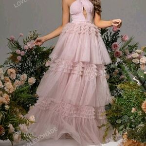 Elegant Pink Tiered Evening Gown